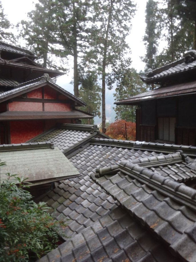 高台から見下ろす湯之島館の入り組んだ屋根