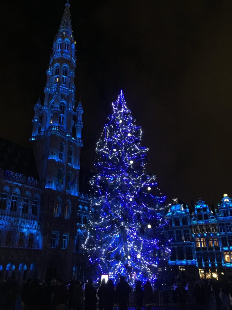 ブリュッセル・クリスマスツリーと共にライトアップされた世界文化遺産「ブリュッセルのグランプラス(Grand-Place)」