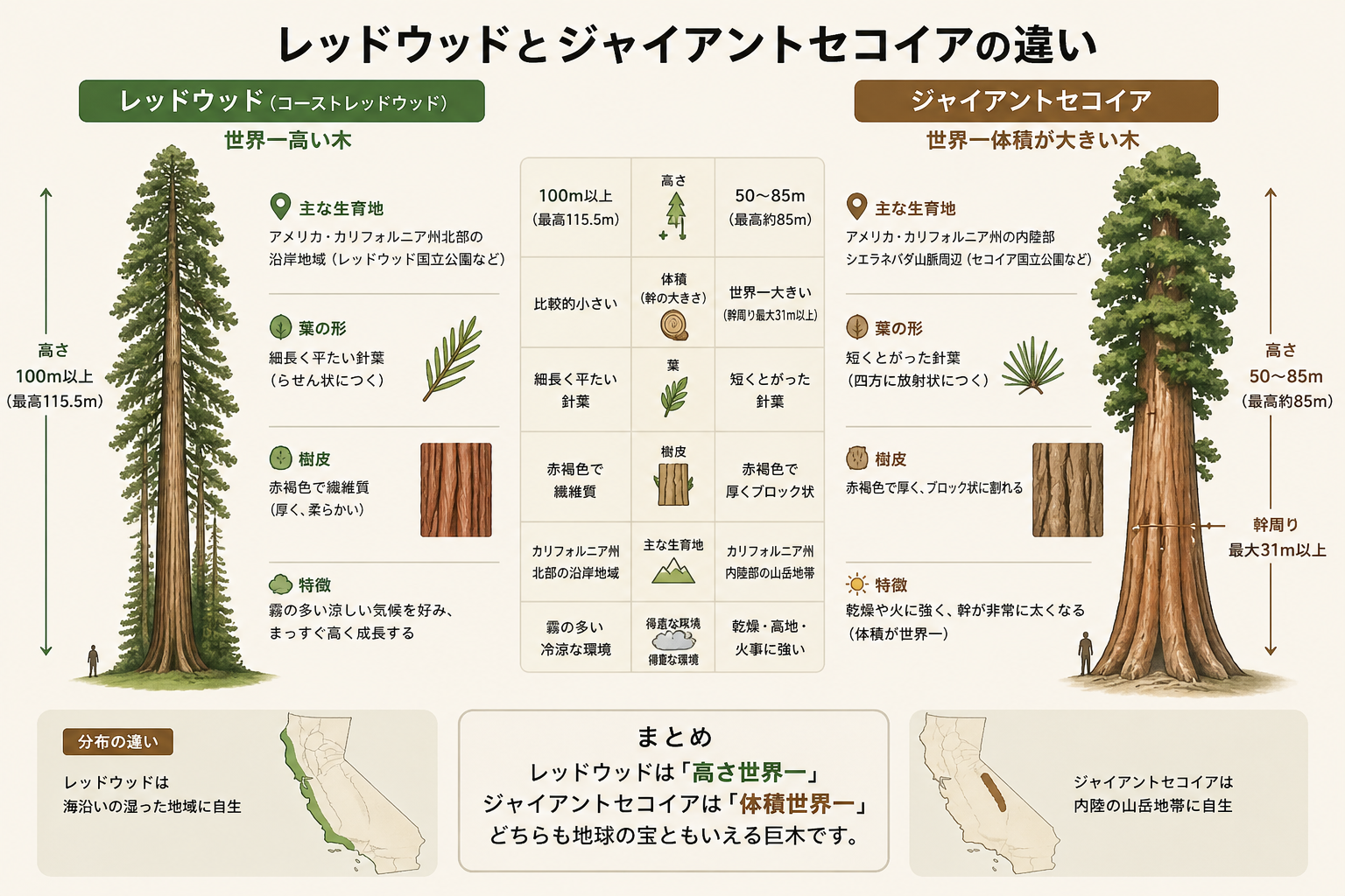 レッドウッドとジャイアントセコイアの違いを比較した図