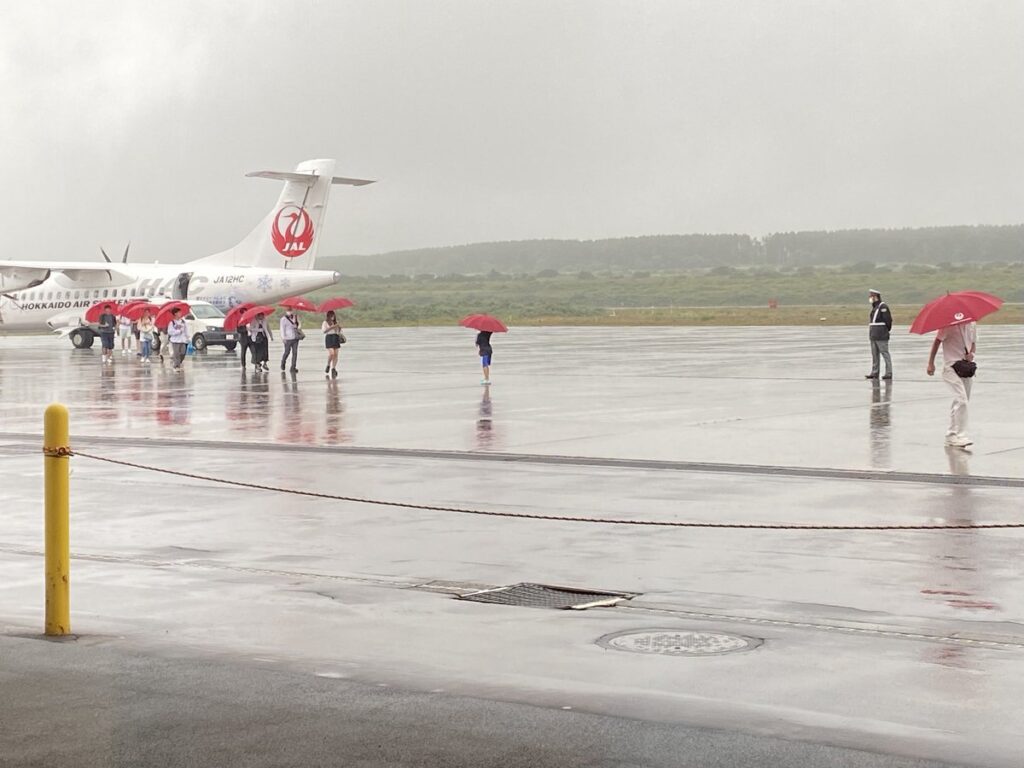 雨の利尻空港で搭乗客に貸し出される傘