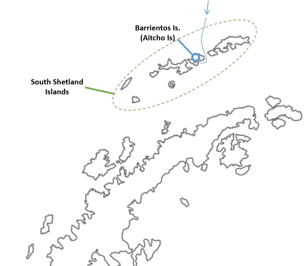 アイチョー諸島（バリエントス島）と、南極半島との位置関係