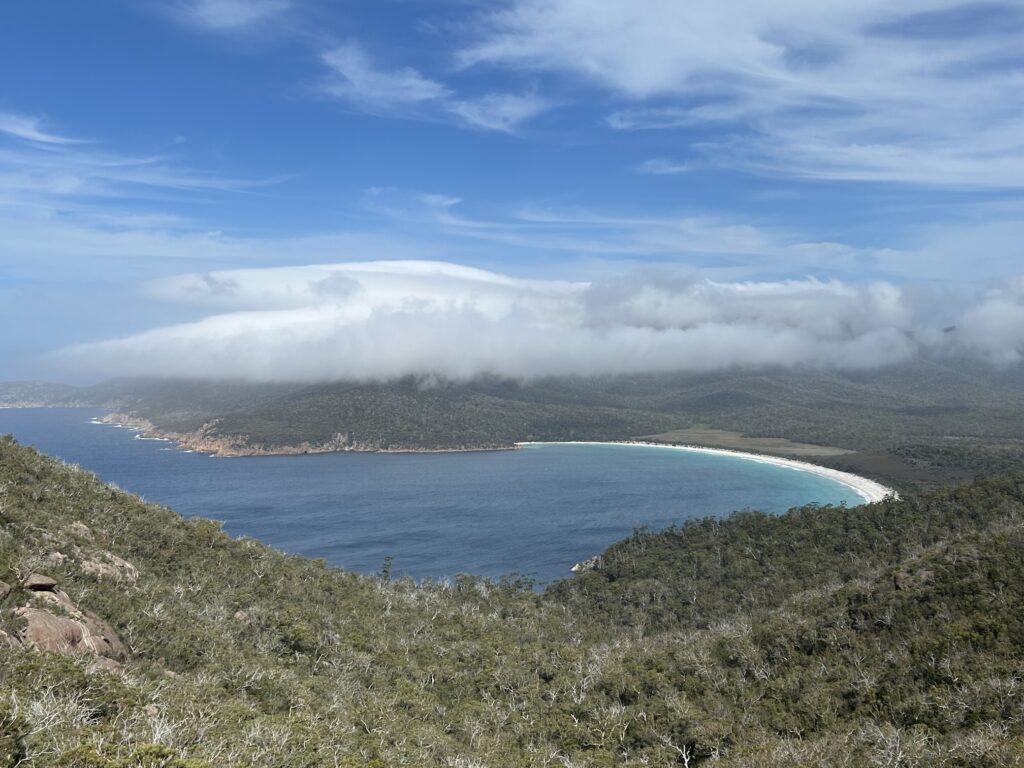 タスマニア島1泊2日レンタカーの旅:「フレシネ国立公園(Freycinet National Park)」の展望台から望む「ワイングラスベイ」
