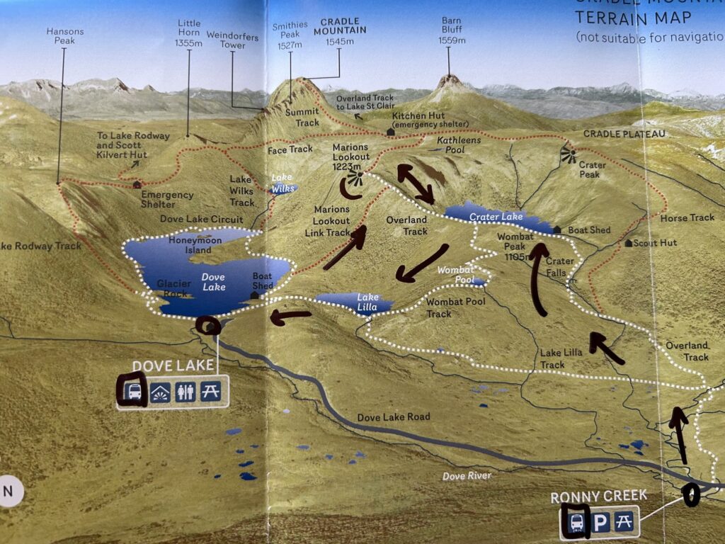 タスマニア島1泊2日レンタカーの旅：「クレイドル・マウンテン国立公園」ハイキングルート・マップ