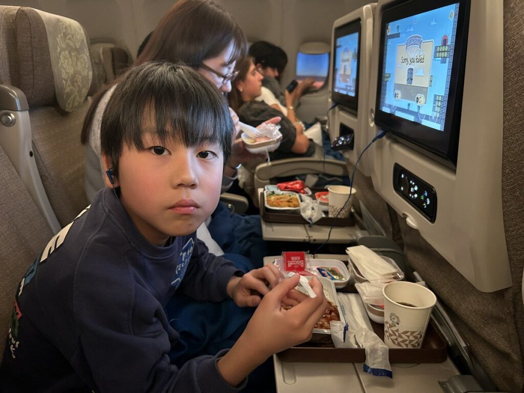 上海浦東国際空港からロンドンヒースロー国際空港行きの機内